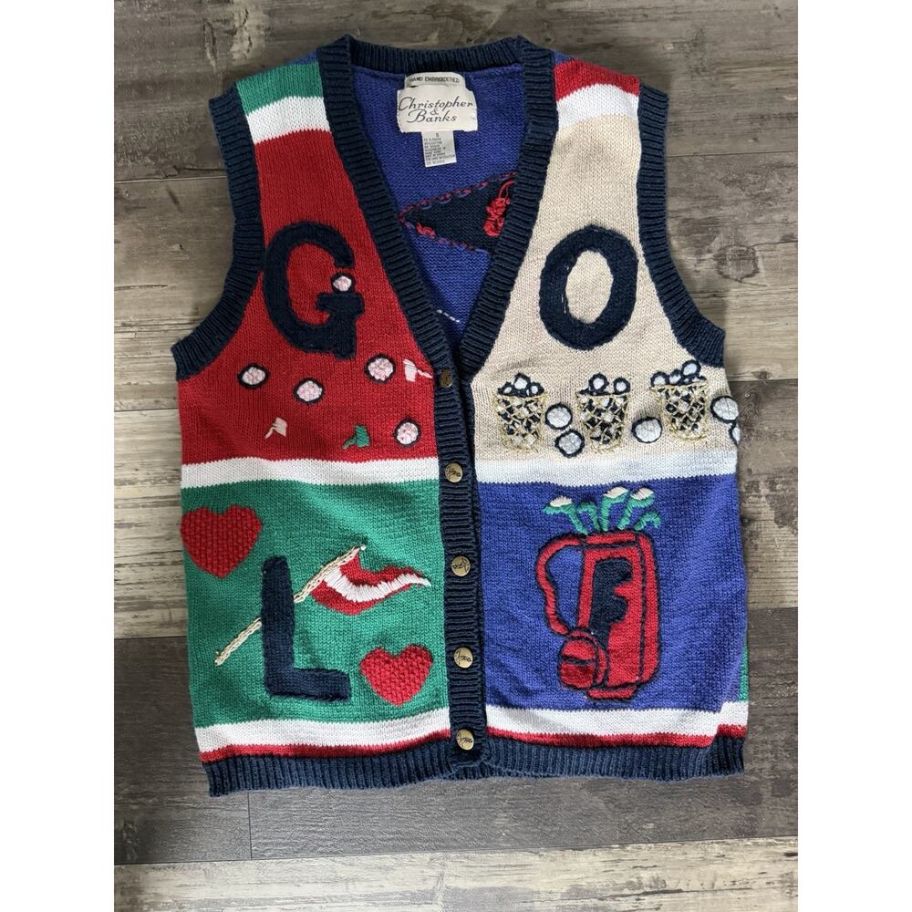 Vintage Christopher & Banks Golf Sweater Vest Hand Embroidered Size S Novelty